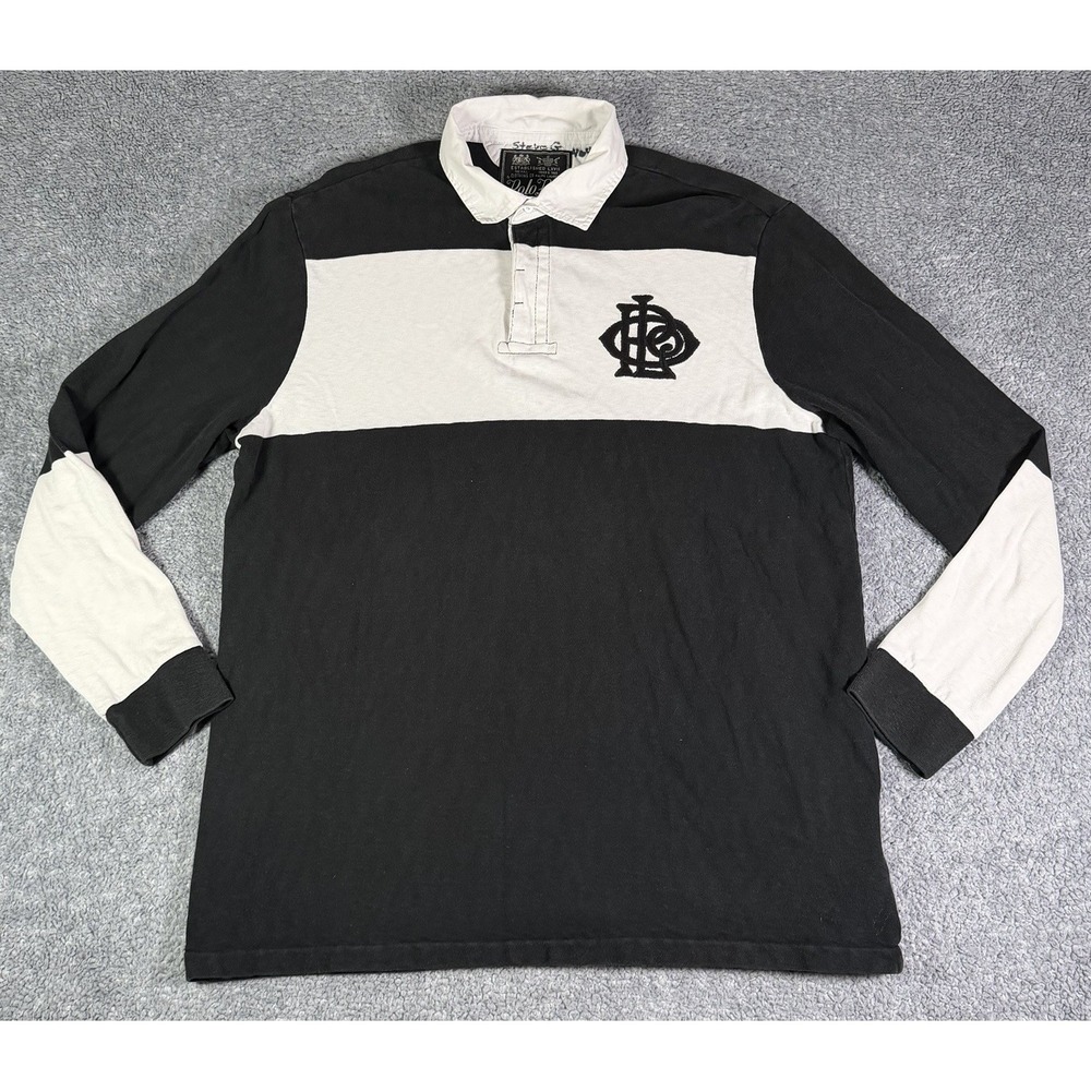 Y2K Polo Ralph Lauren Mens XL Rugby Shirt Black White Colorblock Monogram Crest